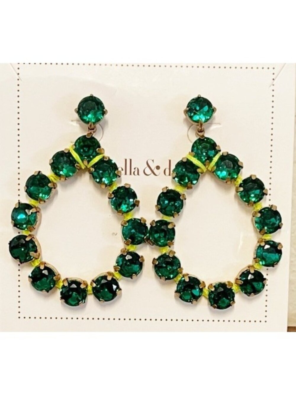 Stella & Dot Gold Neon Dream Deep Green Crystal Dangle/Drop Statement Earrings